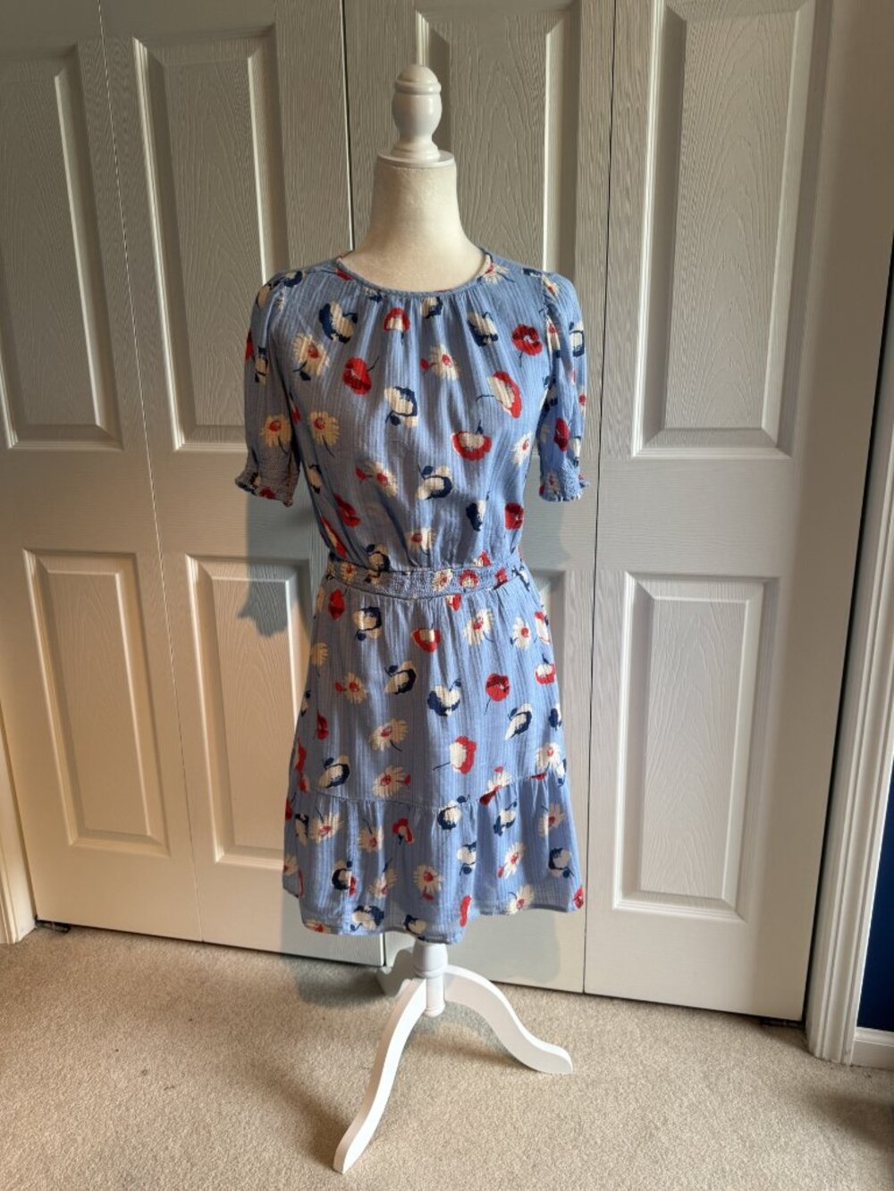 Loft Dress Women Size 0 Blue Floral Poppy Red White Short Sleeve Beach Feminine